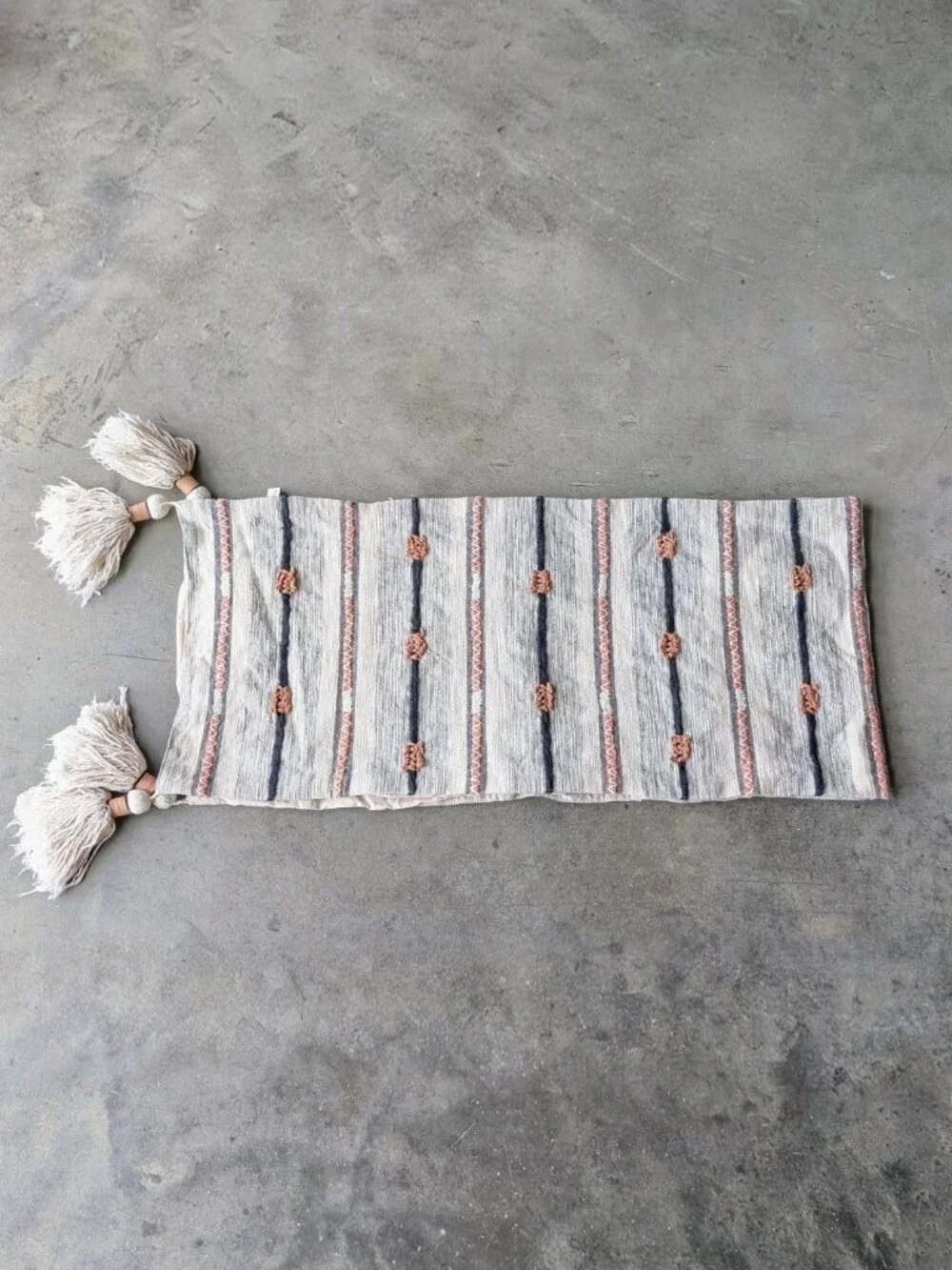 Nicole Miller Home Ivory Blue Pink Striped Boho Tassel Long Table Runner